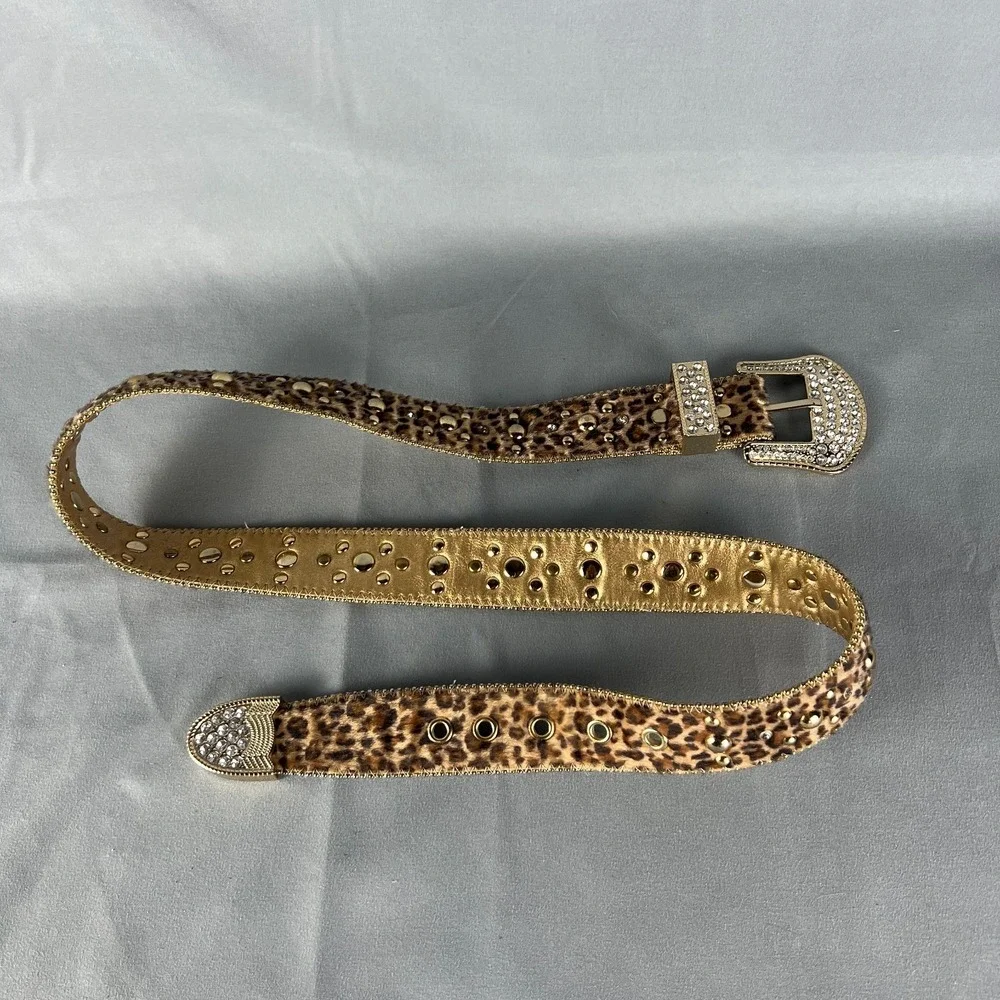 Kathy Van Zeeland Womens Belt Large Leopard Print Gold Studded Rhinestone Buckle